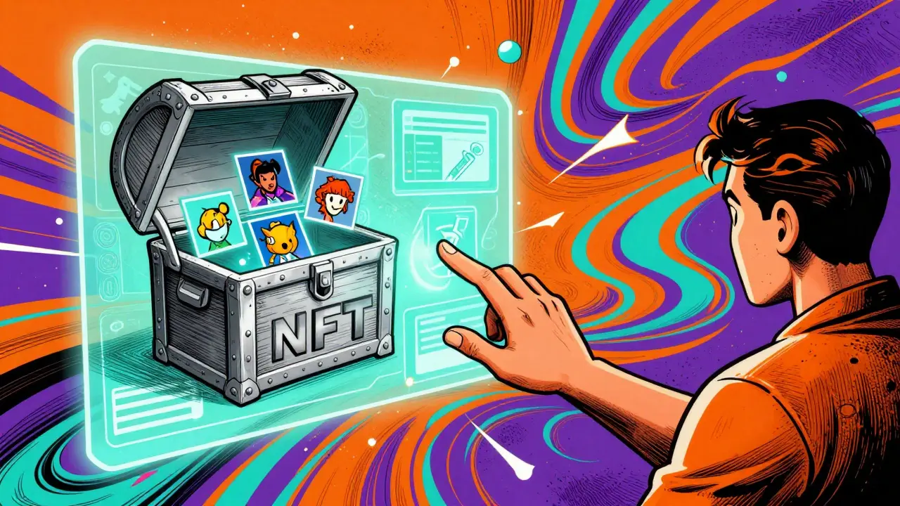 Hand reaching for a holographic silver chest revealing game items