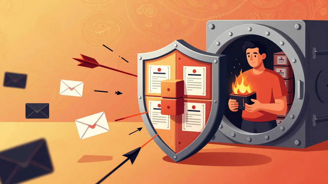 Illustration of a blockchain shield protecting digital assets from scams