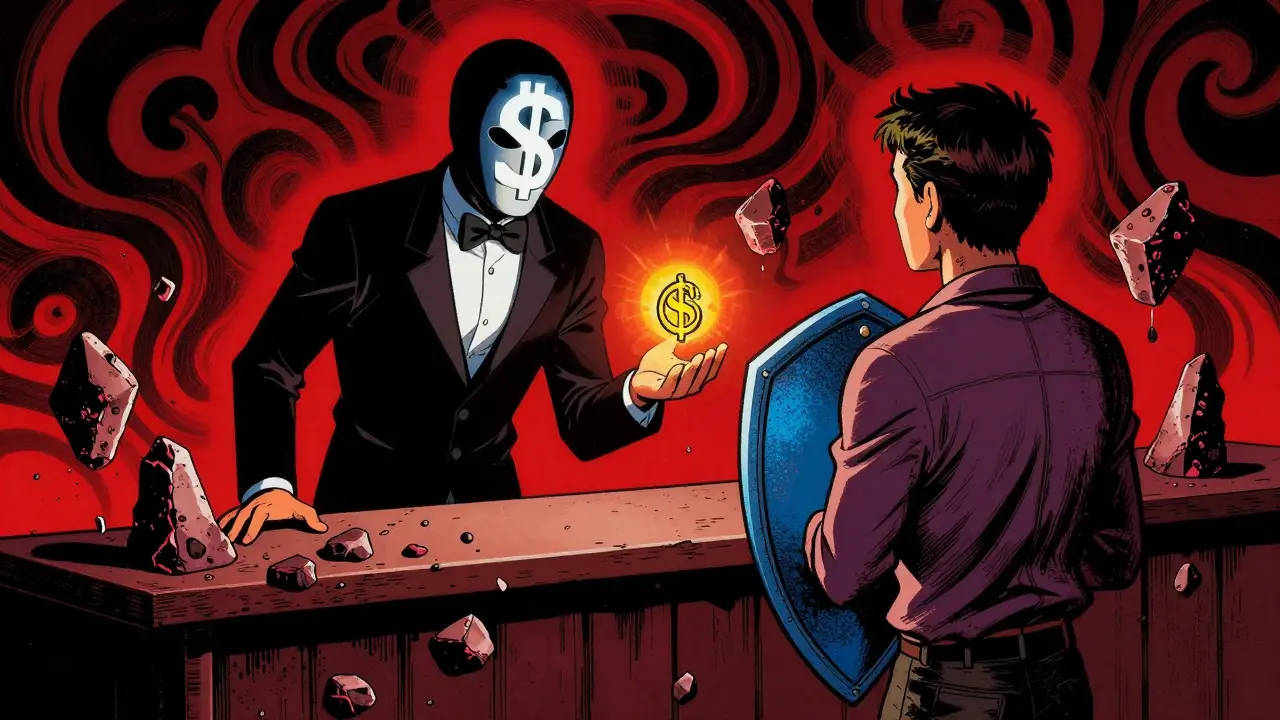 Illustration of a masked scammer offering tokens to a shielded user