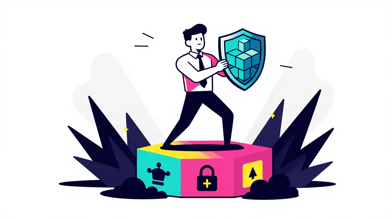 Illustration of a trader managing DeFi risks with a security shield.