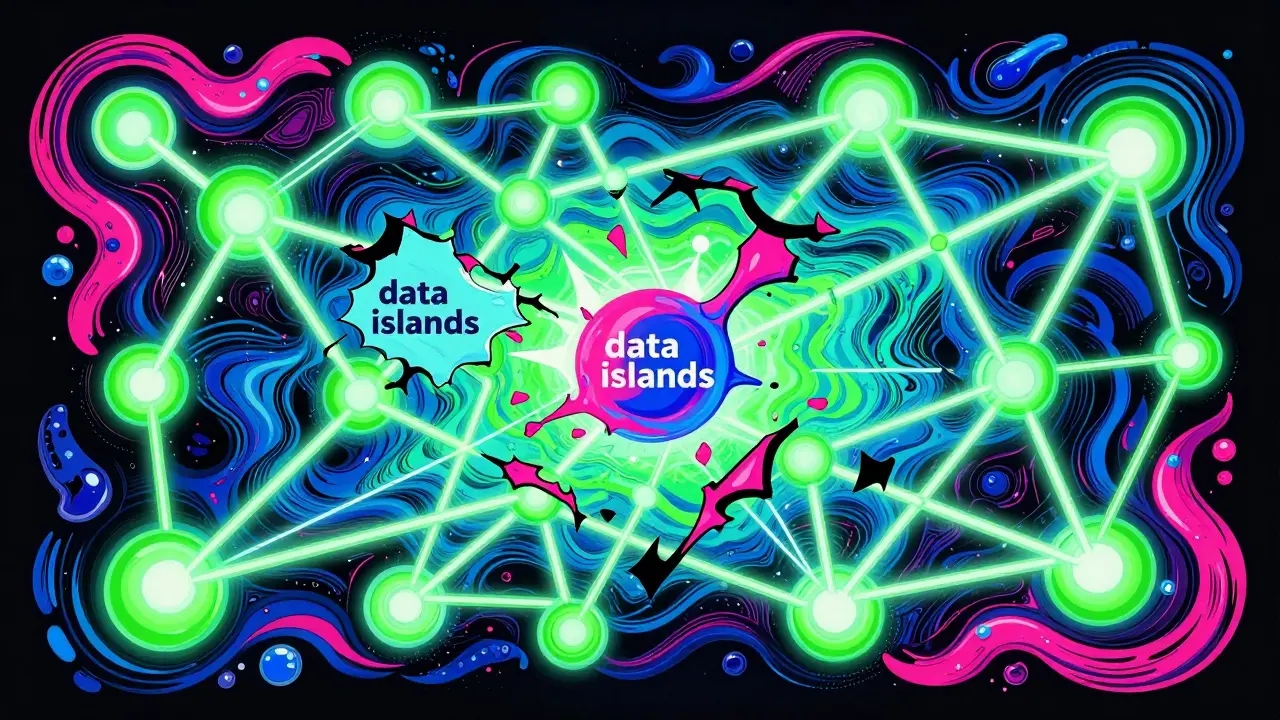 Illustration of broken digital network nodes representing failed credit data connection.