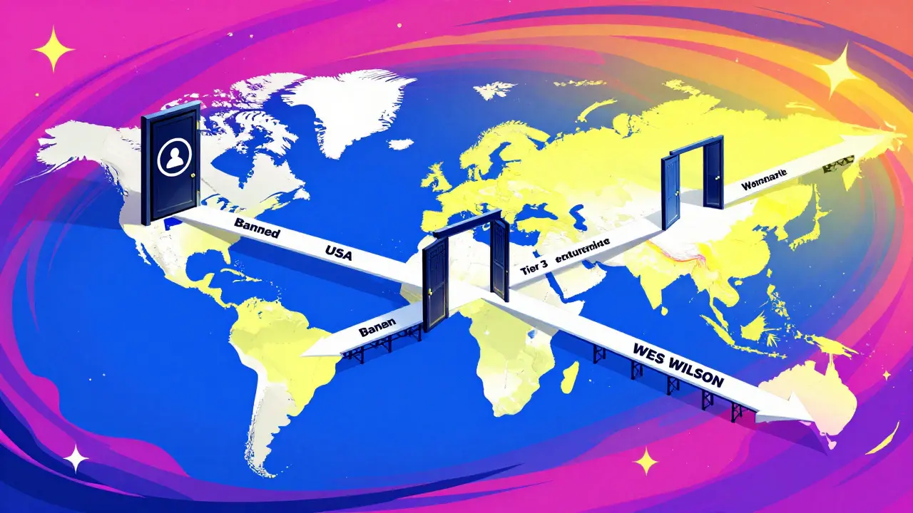 Illustration of divergent paths showing banned vs allowed crypto regions