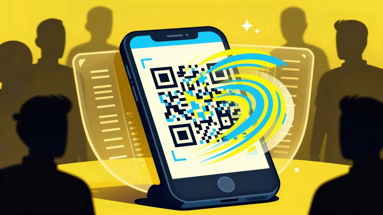 Illustration of smartphone with dynamic QR code protected by blockchain