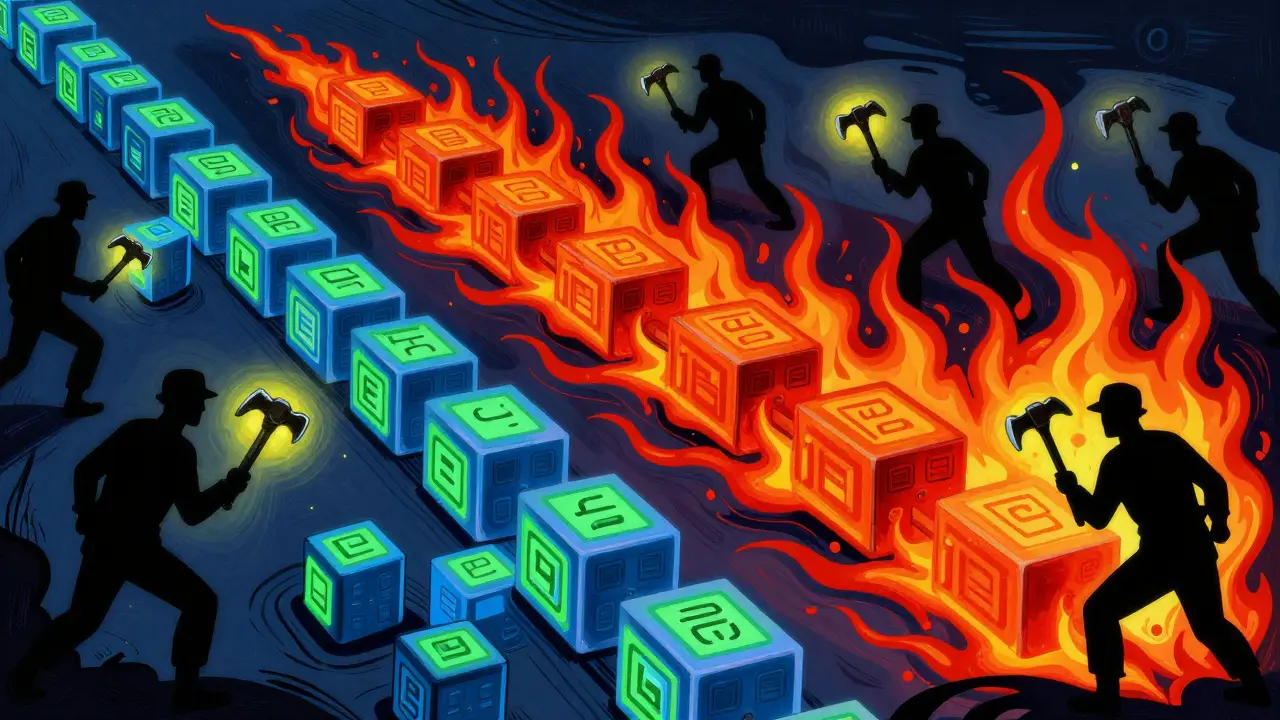 Illustration of two competing blockchain chains in bright colors