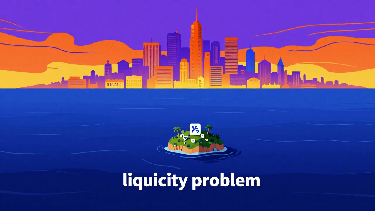 Illustration showing a small isolated island vs a huge city to represent low liquidity