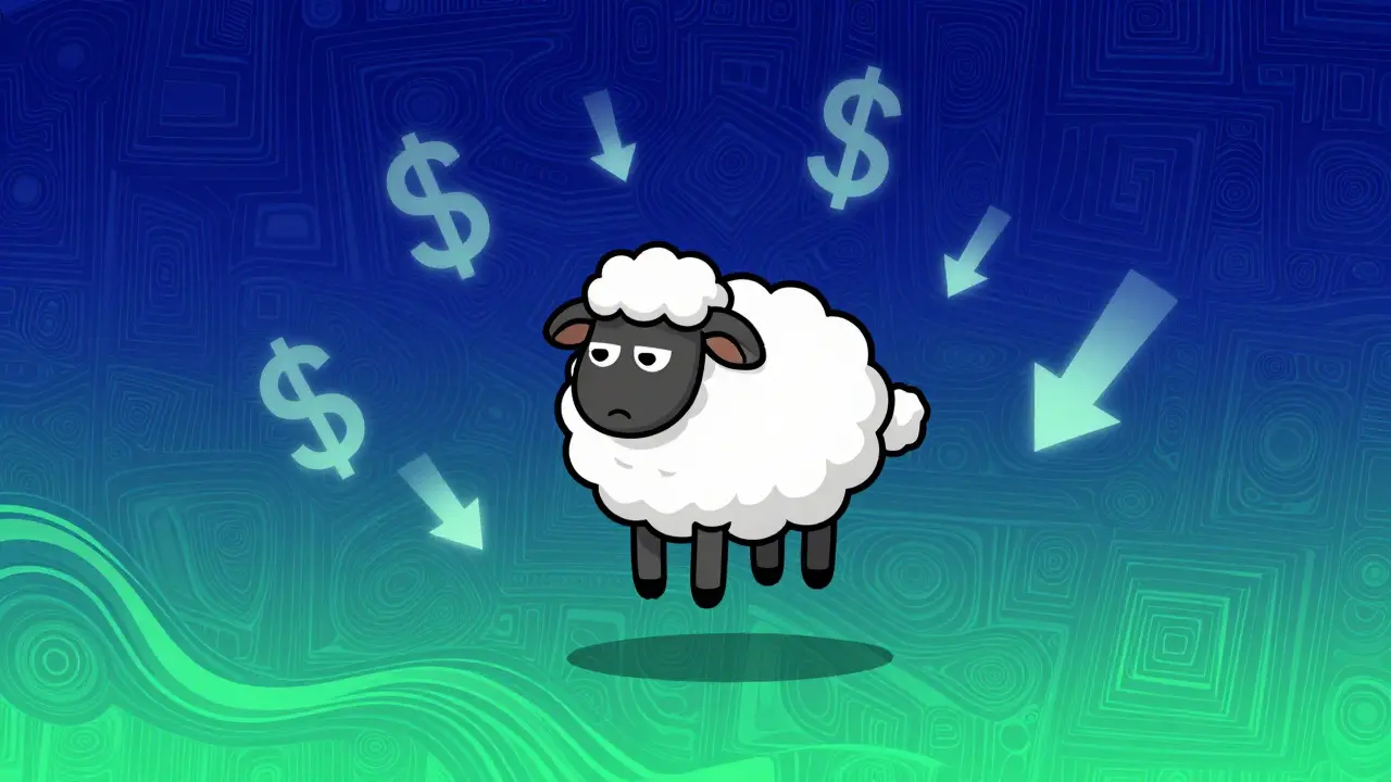 Lonely cartoon sheep in void with falling prices, symbolizing abandoned crypto token.