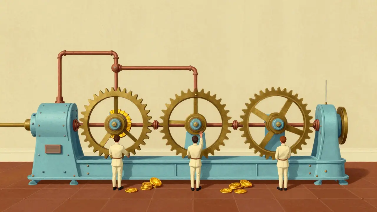 Pastel blue mechanical flywheel with tiny figures adding gold coins to represent liquidity.