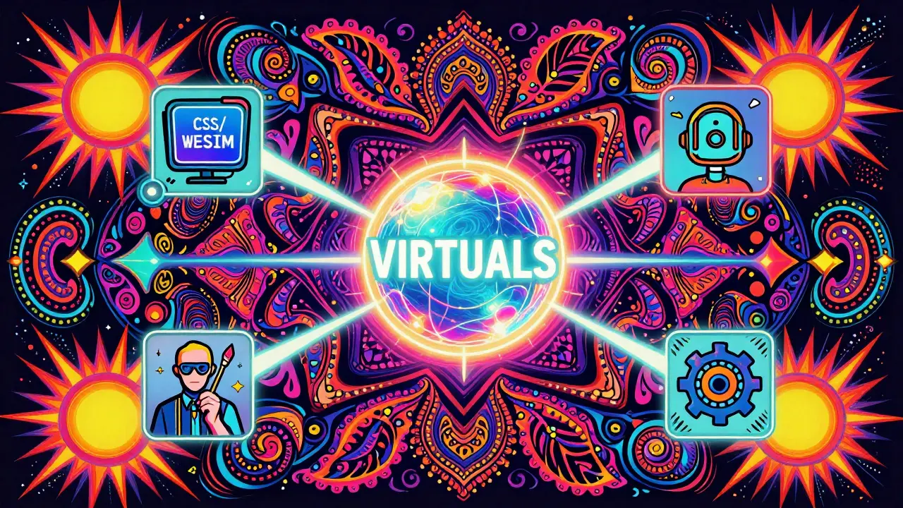 Psychedelic Wes Wilson art depicting the Virtuals Protocol ecosystem with a central glowing orb connected to AI agent icons, including a CSS-focused agent, amidst intricate paisley patterns and neon sunbursts.