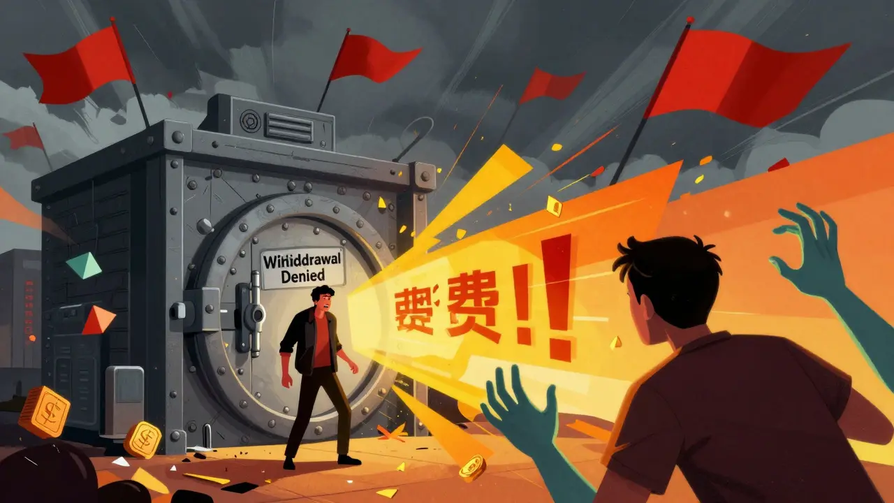 Red flags waving over a locked vault as a user faces withdrawal scams