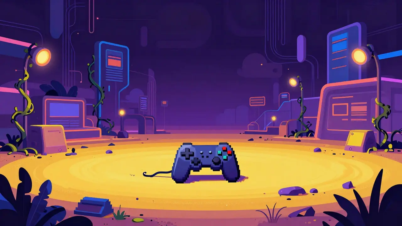 Retro art of an abandoned digital game arena symbolizing stalled development.