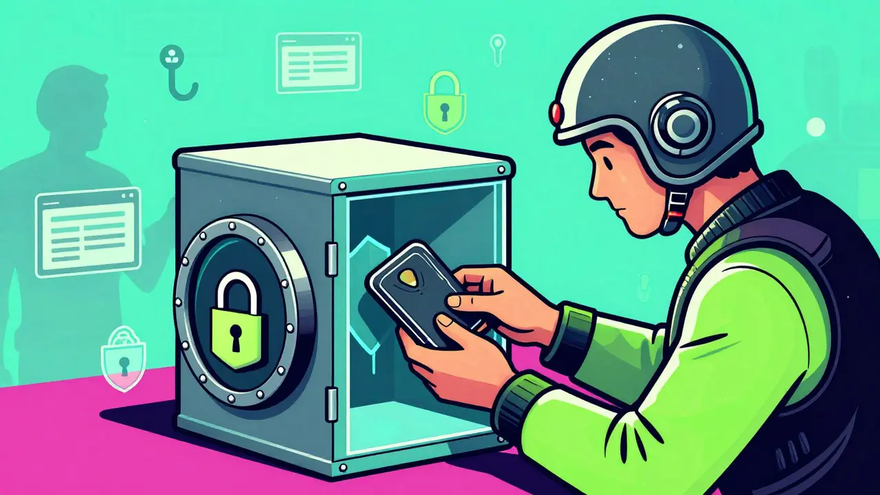 Retro-futuristic user securing a hardware wallet inside a protective vault shield