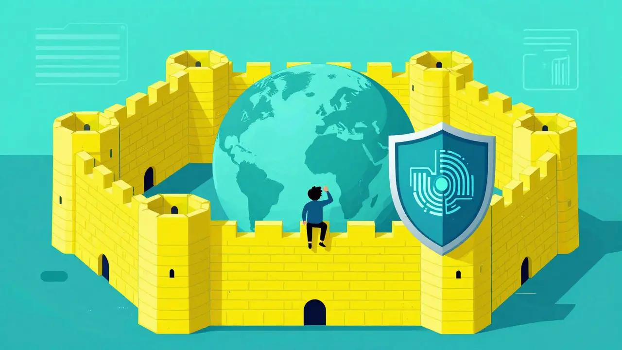 Retro-style graphic of digital security barriers and compliance shields