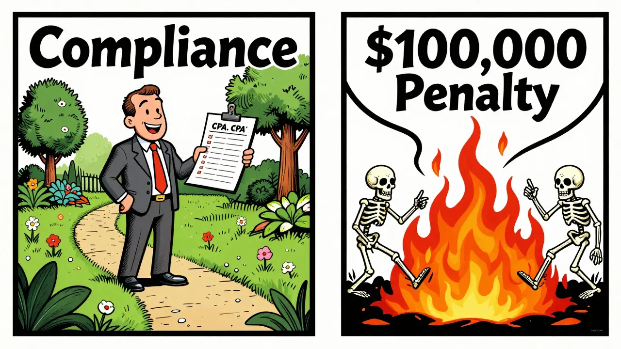 Satirical cartoon comparing compliance safety vs penalty risks