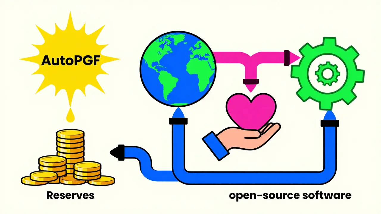 Stylized graphic showing stablecoin reserves flowing into charity sectors via colorful pipes.