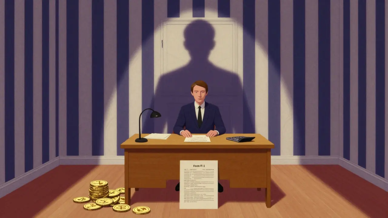 Stylized scene of crypto tax filing with coins and forms on a desk