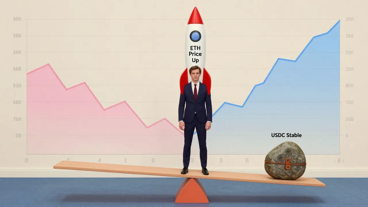 Stylized seesaw illustrating impermanent loss in crypto liquidity pools