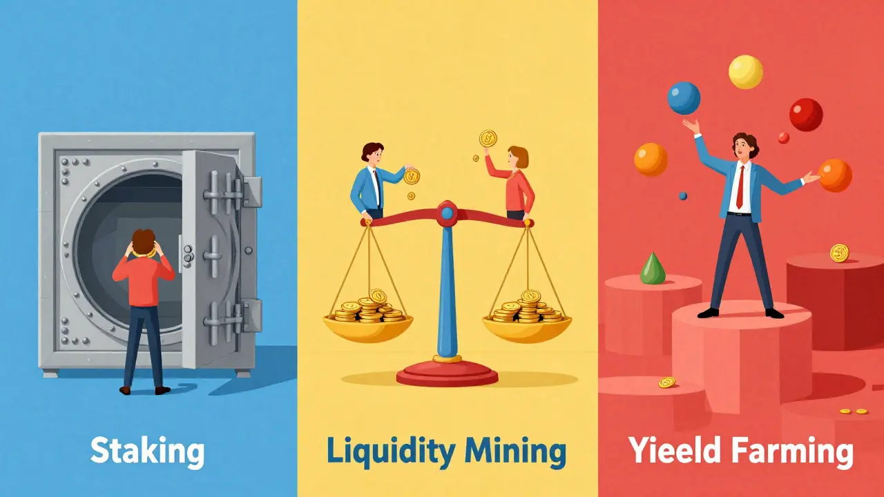 Symmetrical illustration comparing staking, liquidity mining, and yield farming