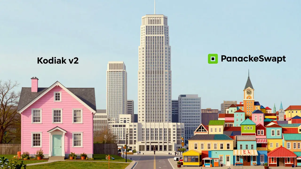 Three symmetrical buildings in pastel colors comparing different cryptocurrency exchange scales.