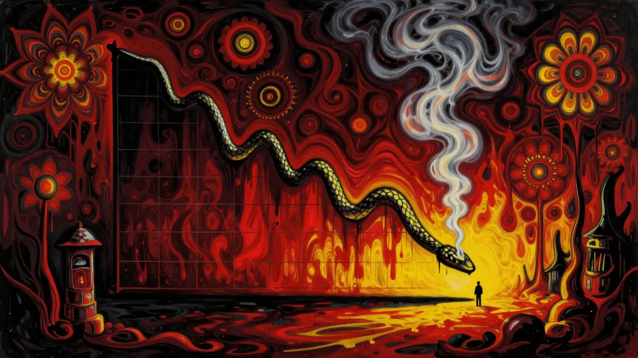 Trippy artwork of a lone figure facing a plummeting market chart in a void.