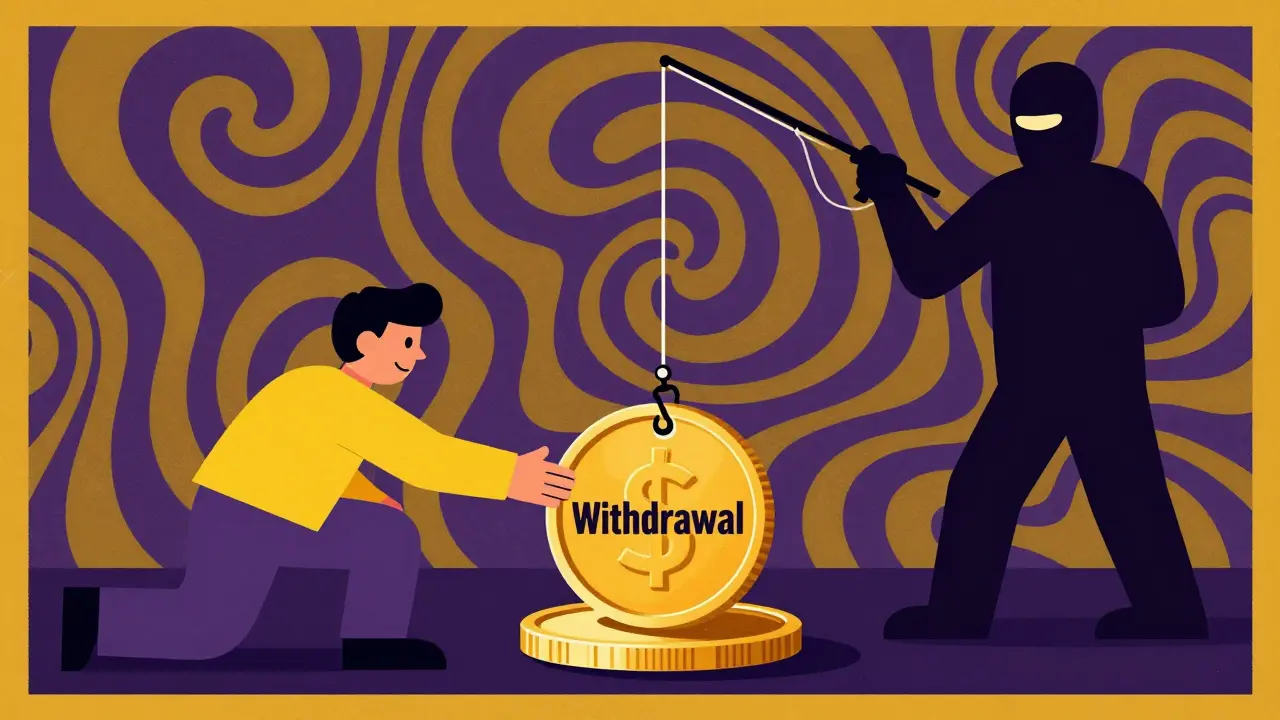 User trapped by withdrawal fees in a Wes Wilson style fraud illustration