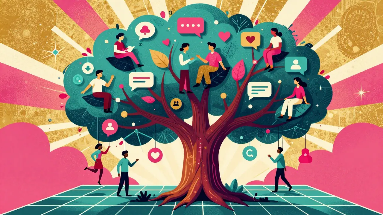 Vibrant illustration of a community tree with connected nodes representing social engagement.