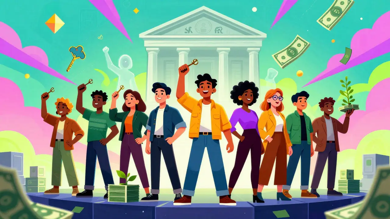 Vibrant illustration of founders celebrating financial sovereignty and freedom.