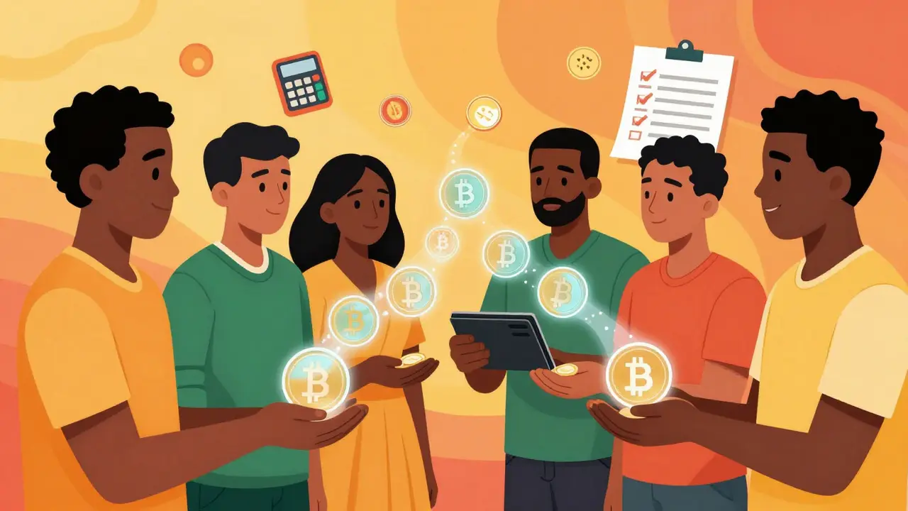Vibrant illustration of Nigerians using stablecoins safely with tax compliance elements in background.