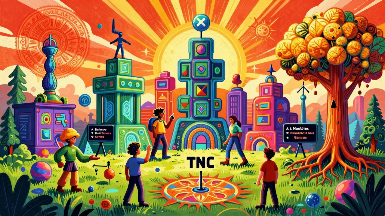 Vibrant Wes Wilson style image of a thriving alternative gaming crypto ecosystem.
