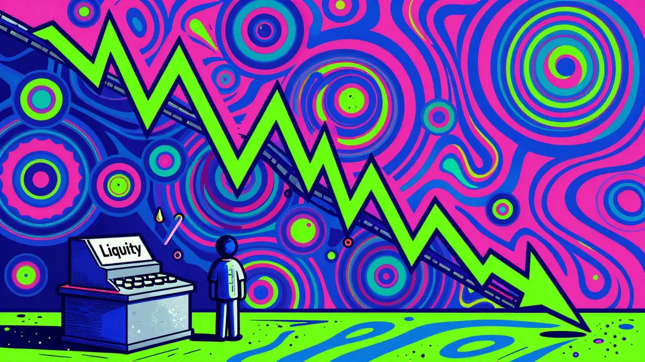 Volatile price chart crashing with low liquidity warning in vibrant art