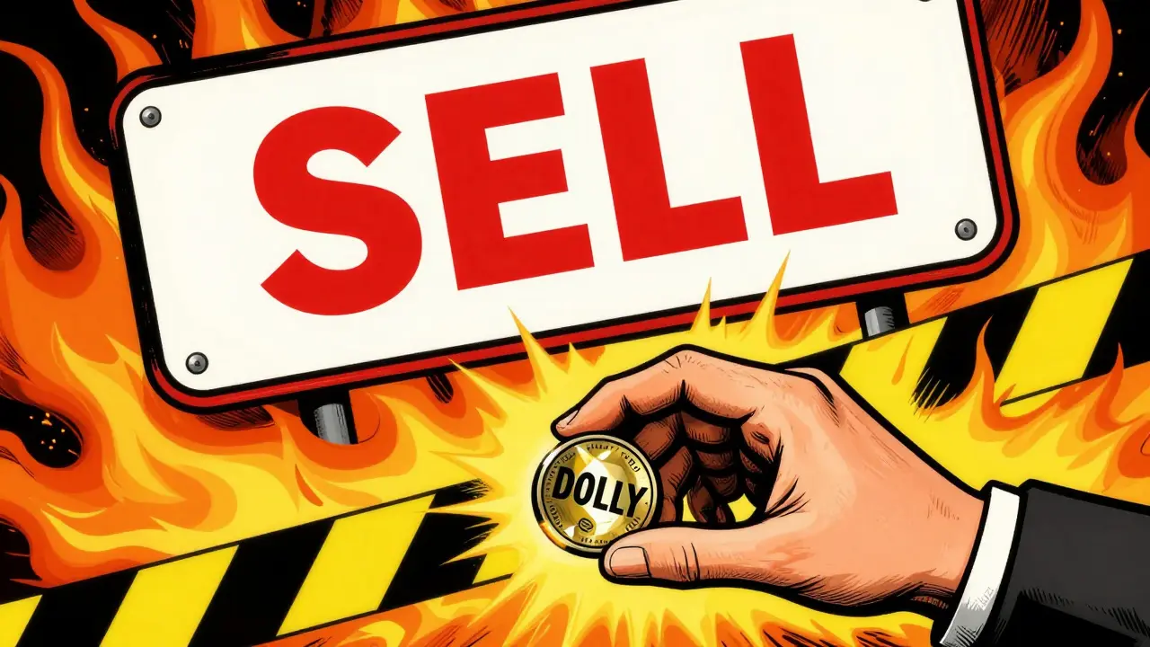 Warning illustration of hand grabbing risky coin under big red sell sign, high risk theme.