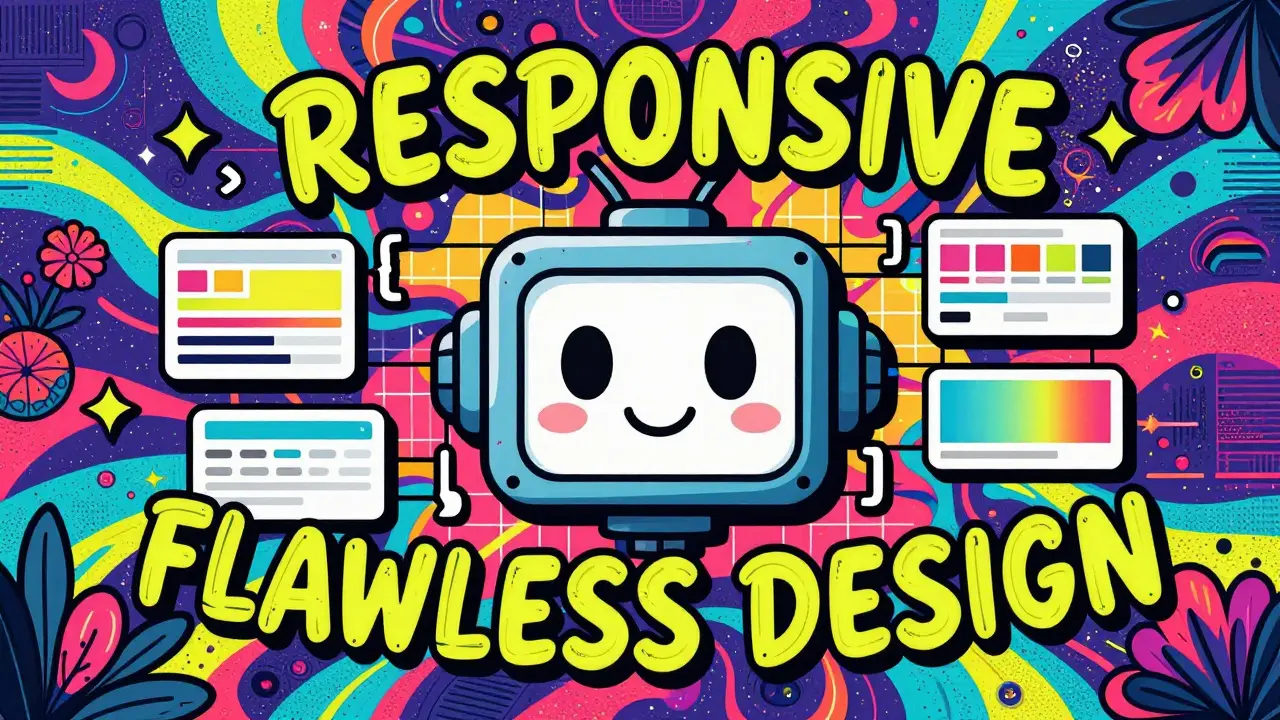 Wes Wilson style illustration of a friendly AI robot agent surrounded by floating CSS symbols and color palettes, set against a swirling psychedelic background with bubble-letter text.