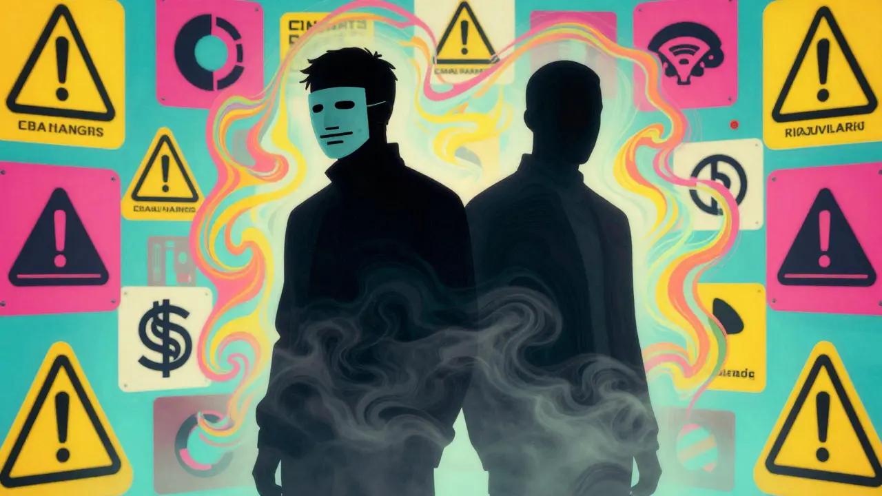 Abstract illustration of two confusing figures representing brand identity risks in crypto.