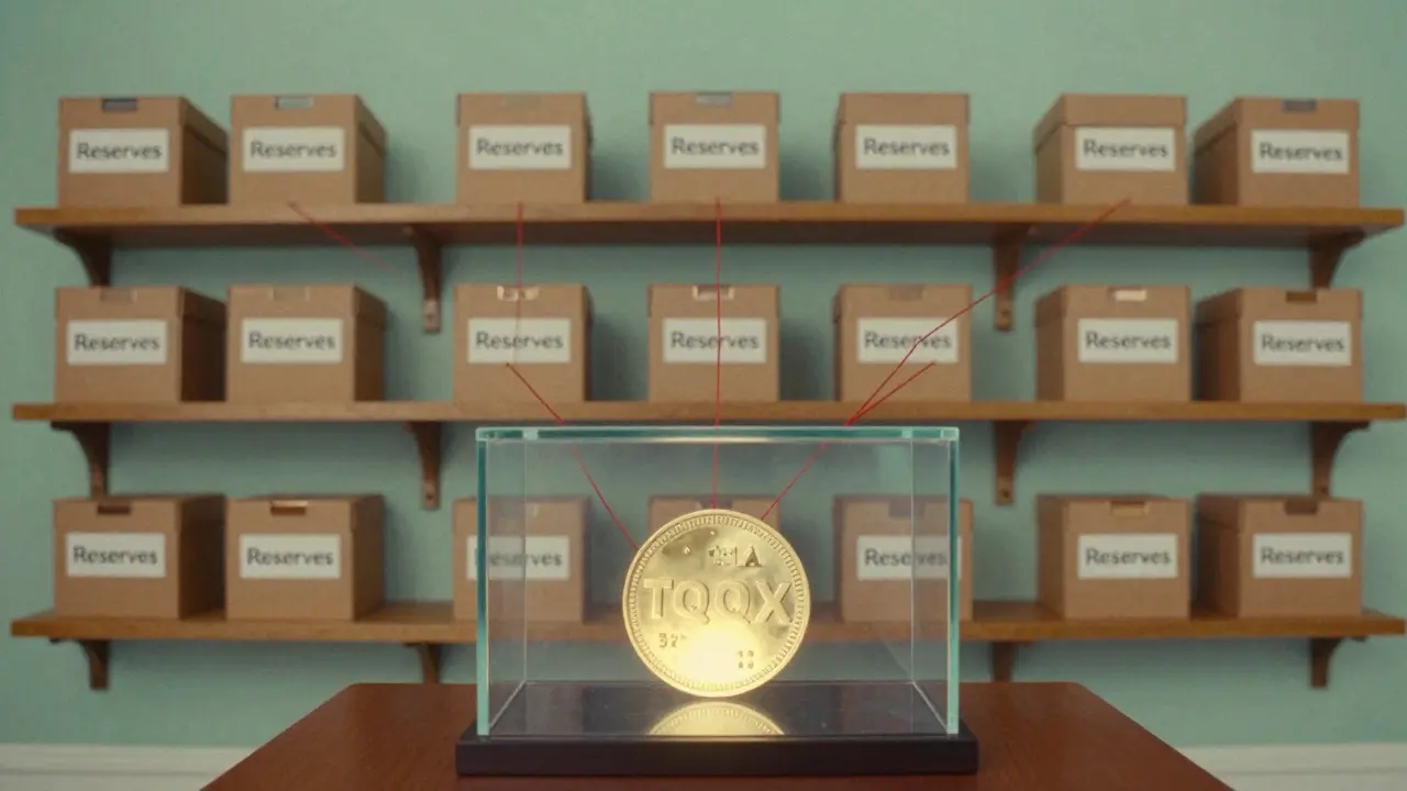 Art showing TQQQX token backed by physical reserves with connecting strings.
