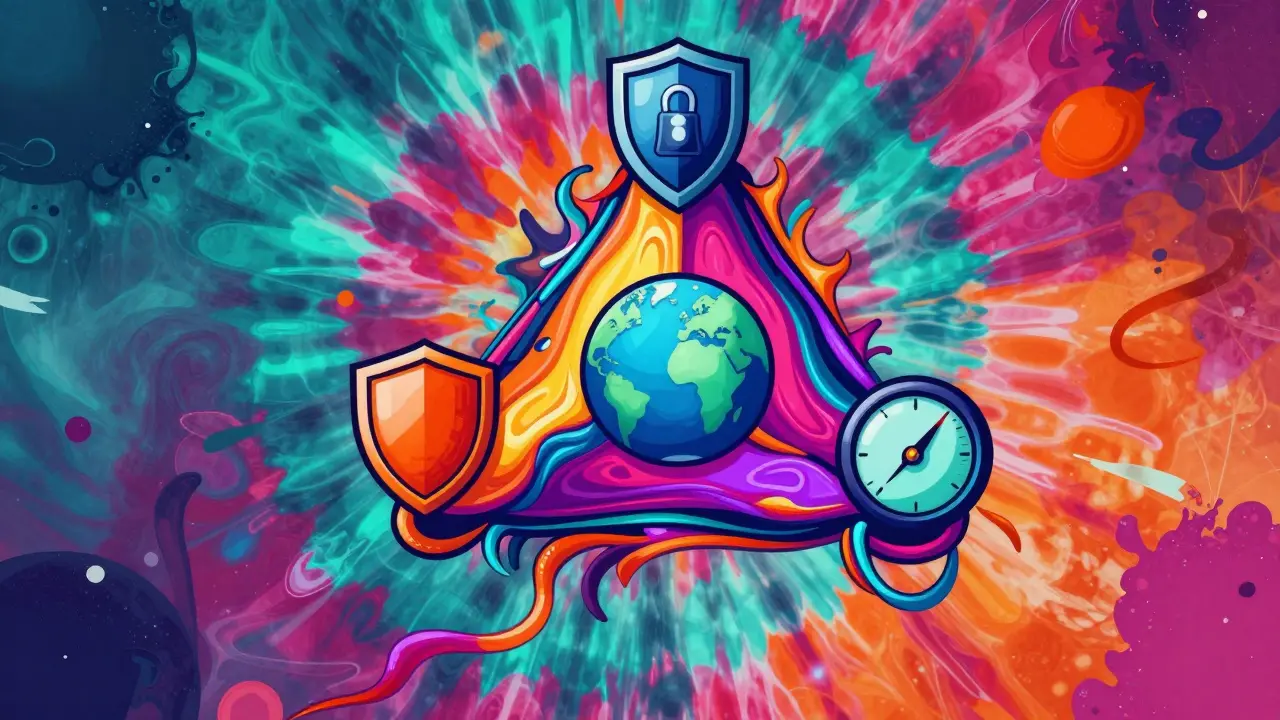 Artistic depiction of the blockchain trilemma balancing security, decentralization, and scalability