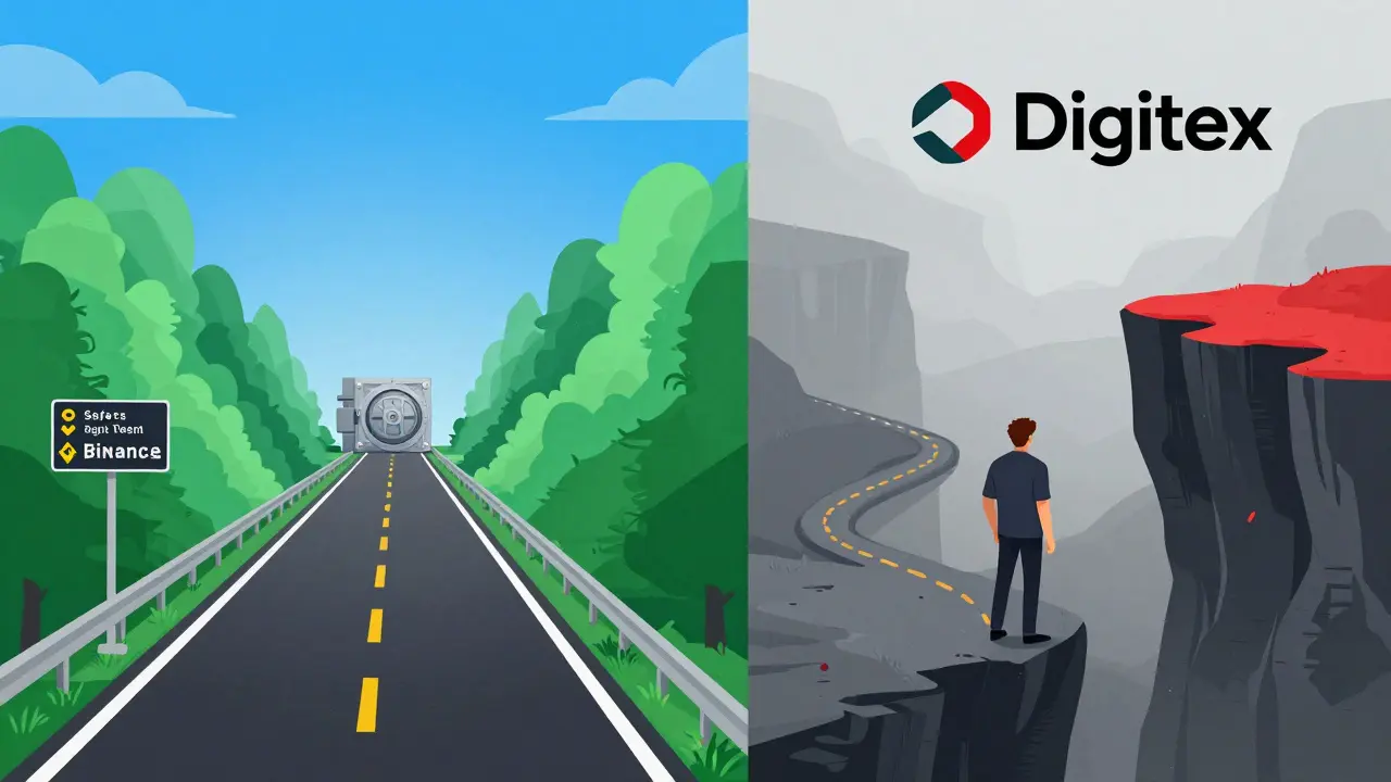 Cartoon comparison of safe vs risky crypto trading paths
