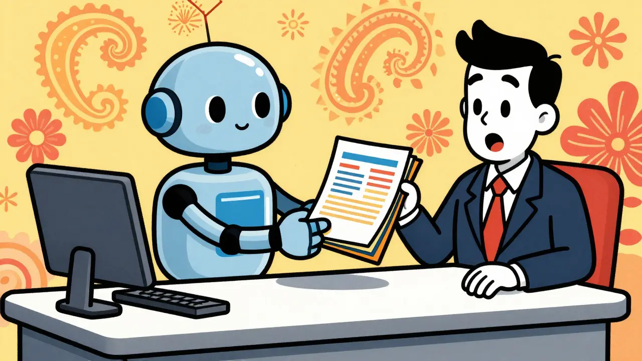 Cartoon robot handing documents to an official in a colorful office