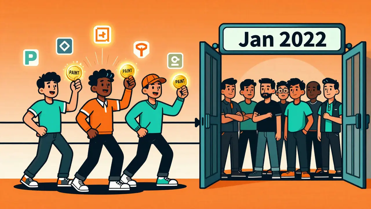 Cartoon showing eligible NFT artists holding tokens versus excluded traders at a closed gate.
