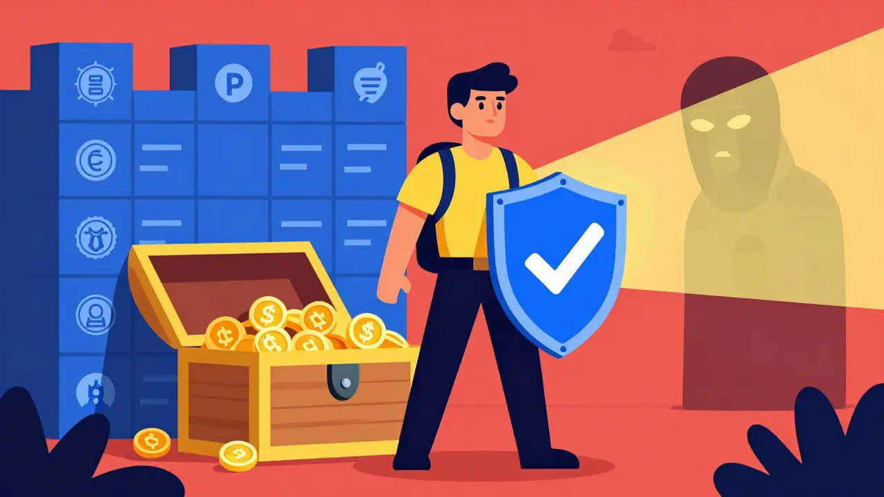 Cartoon showing secure DeFi trading with shield and vault