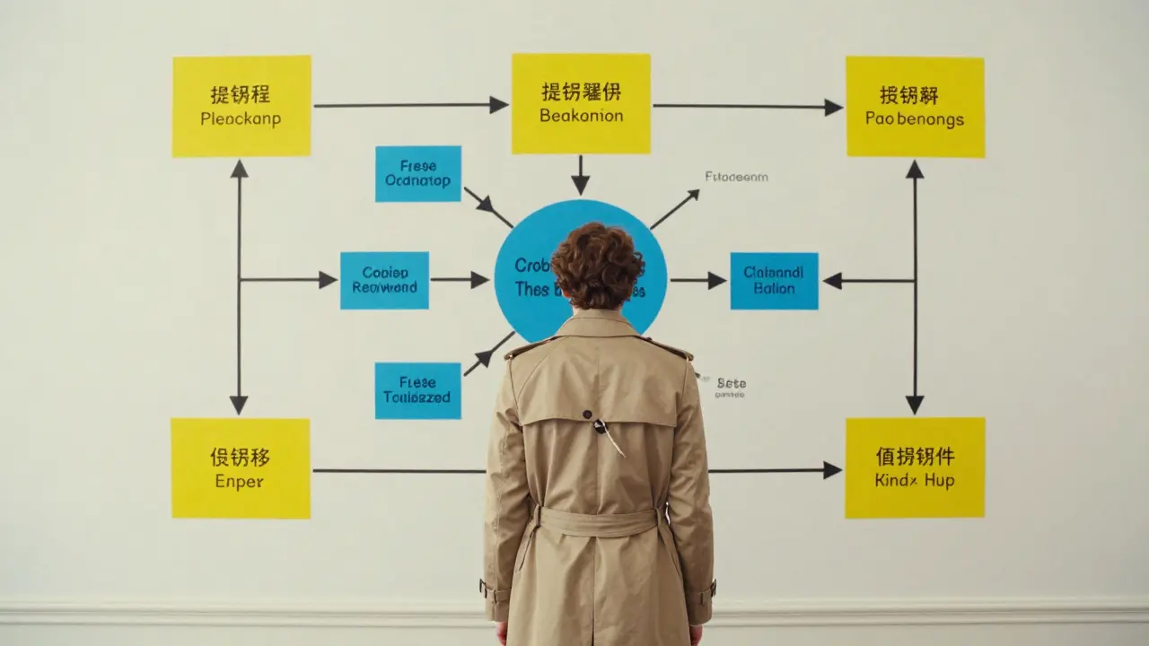 Character analyzing referral strategy charts in Wes Anderson pastel style