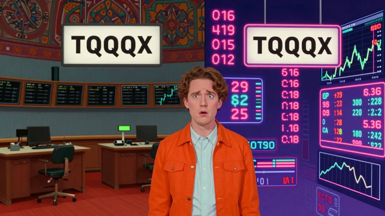 Character comparing different prices for TQQQX in a split-screen market scene.