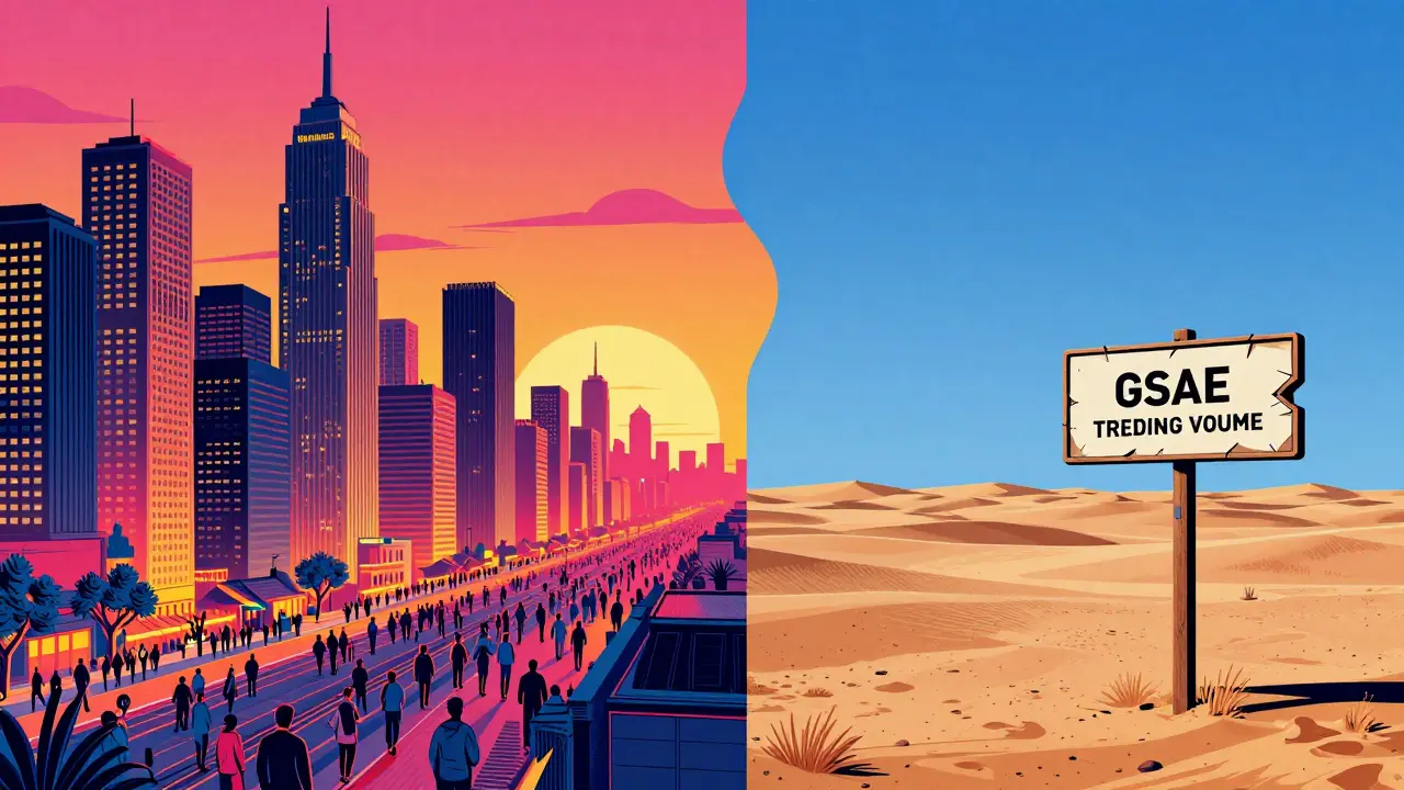 Contrast between a busy crypto exchange city and a desolate empty desert for GSAE.