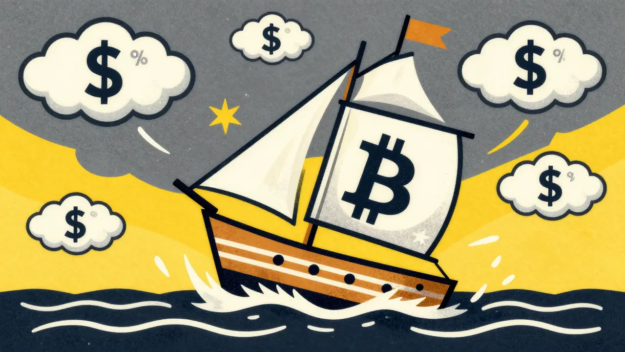 Crypto sailboat tossed by macroeconomic winds in Wes Wilson art style