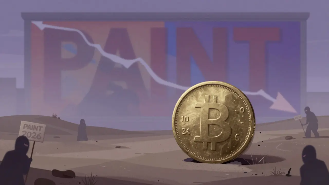 Deflated coin balloon in a dusty landscape symbolizing the dropped value of the PAINT token.