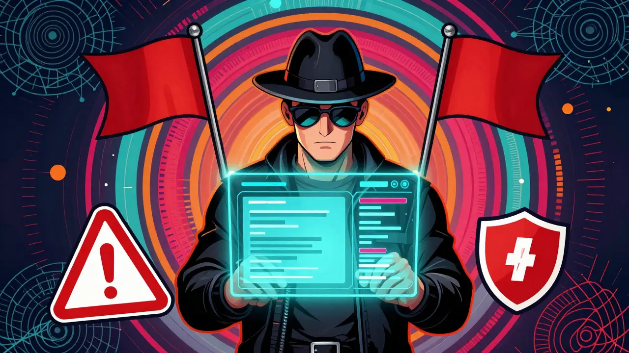 Detective-style character inspecting a digital wallet against scam warnings in pop art