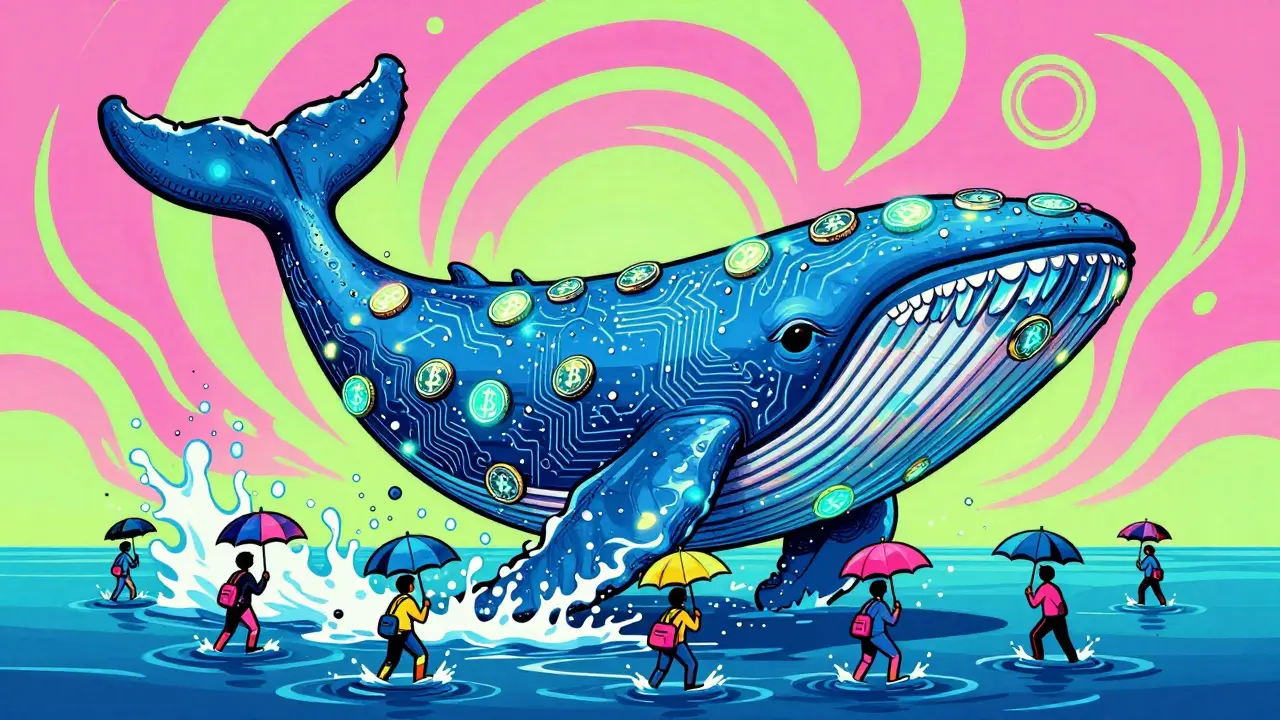 Giant crypto whale splashing over small traders in retro illustration style