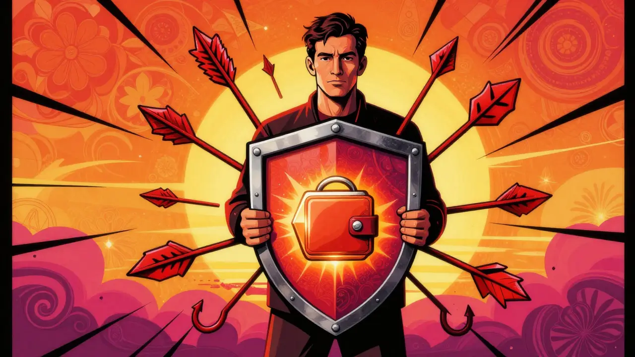 Groovy illustration of shield protecting wallet from phishing attacks