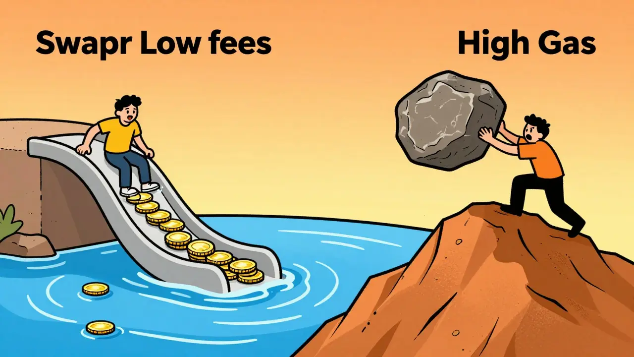 Illustration comparing low Swapr fees to high gas costs