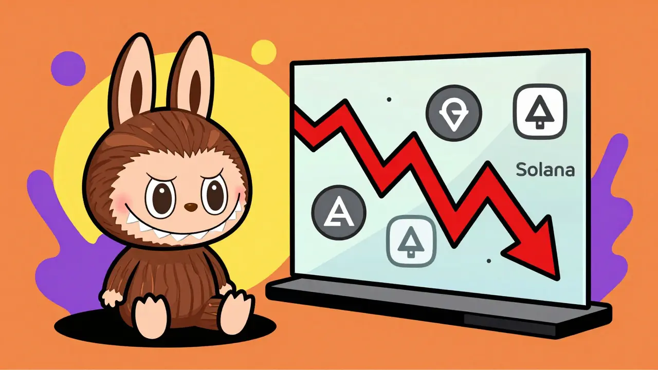 Illustration contrasting a Labubu toy with a crashing stock chart and blockchain symbols.