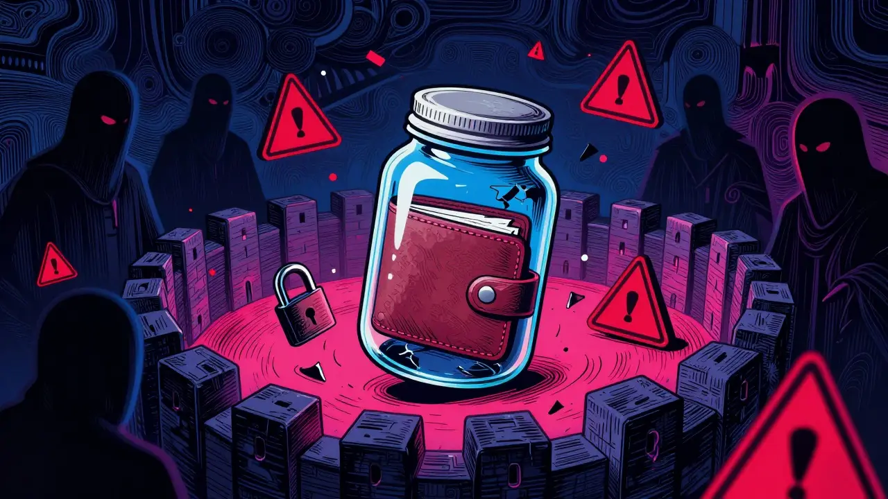 Illustration of a fragile wallet in a chaotic void with warning signs, symbolizing security risks.