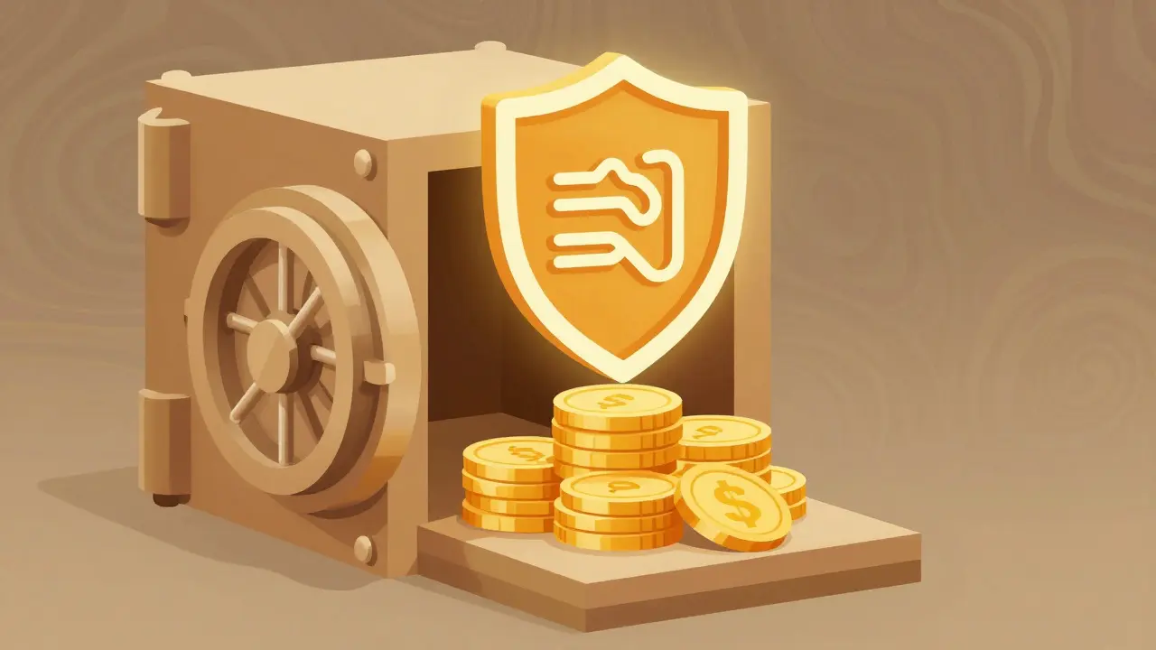 Illustration of a secure vault protecting tokens with a protective shield.